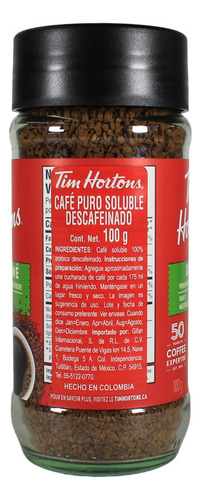 Café Instantáneo Decaf Tostado Medio 100 G Tim Hortons