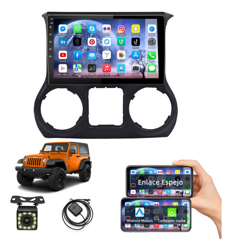 Autoestéreo Carsapro CarPlay 2+32g Para Jeep Wrangler 2011-2014 Auto Estéreo Pantalla Táctil Ips Android Cámara Mirror Link Wifi Bluetooth FM BT HD AUX TF USB pantallas para carro Negro