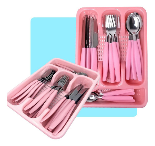 Juego de cubiertos de acero inoxidable con tenedor, cuchillo y cuchara, color rosa, para postres