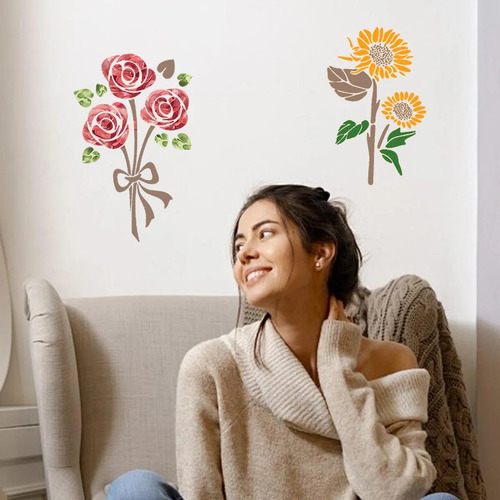 Plantilla De Pintura Mural Con Plantilla De Flores, 11 Pieza