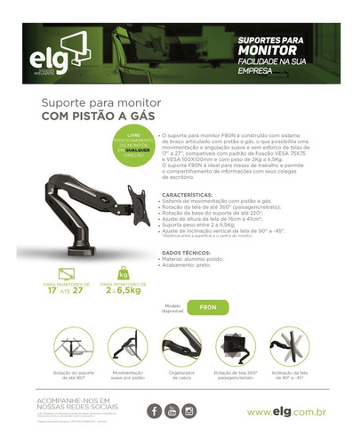 Suporte Monitor Mesa Articulado C/ Regulagem Altura F80n ELG