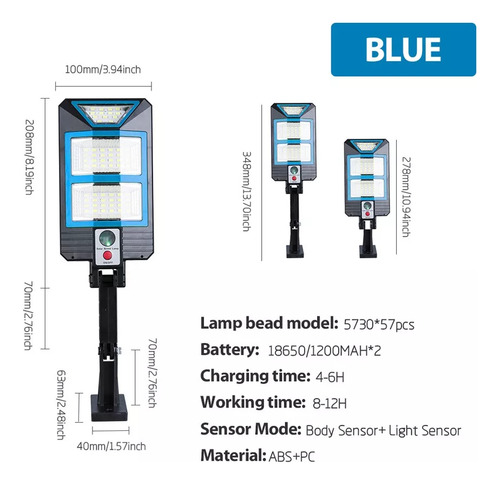 Lámpara Solar Exterior Con Luces Led Sensor De Movimiento Estructura Azul