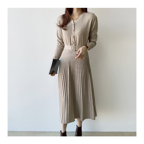 Vestido De Punto Con Cinturón Y Cuello De Pico