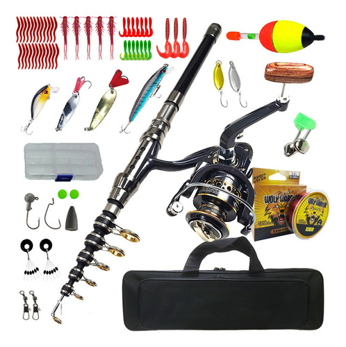 Kit Pesca 2.4m Caña Carrete Señuelo Accesorio Bolsa Completo