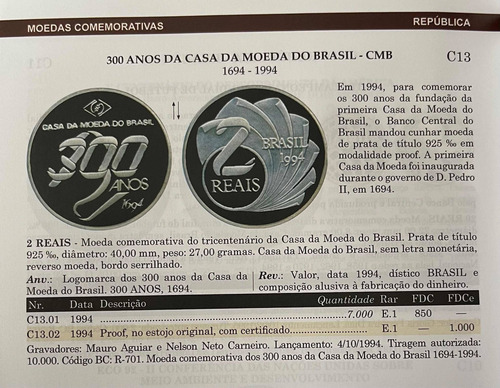 Moeda De Prata Dos 300 Anos Da Casa Da Moeda 2 Reais