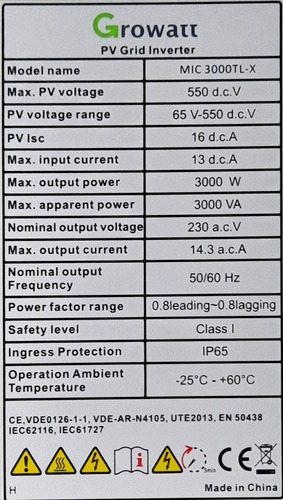 Imagen 2 de 2 de Inversor Growatt Mic 3000tl-x On Grid Inyector