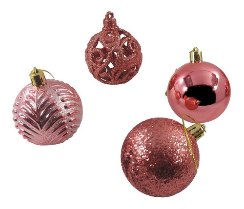 Kit Com 9 Bolas Para Arvore De Natal Enfeite Com Glitter 6cm Cor Rosa Lisa Fosca Glitter Folhas
