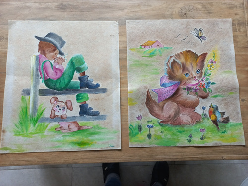 2 Laminas Infantiles Para Cuadro Pintadas A Mano, Vintage