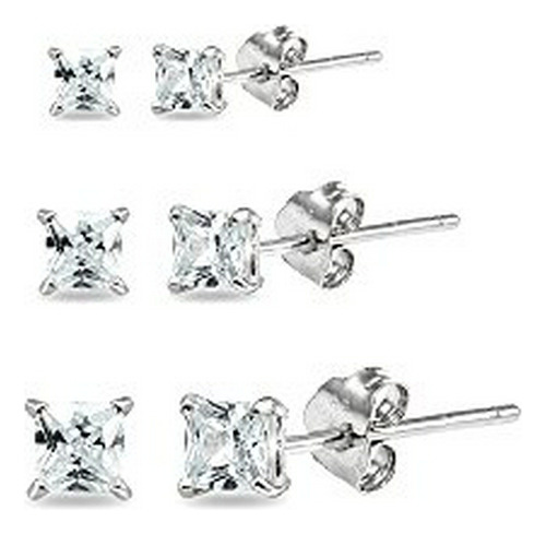 Set De Pendientes De Plata Esterlina 3 Pares, Cz 2mm, 3mm Y