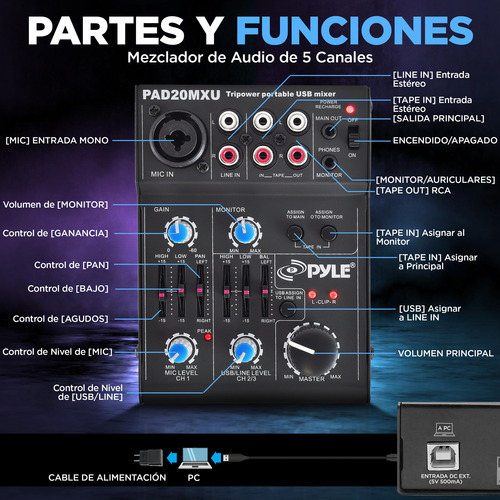 Mezcladora De Audio 5 Canales Pyle Pad20mxu Dj Aux Xlr Rca