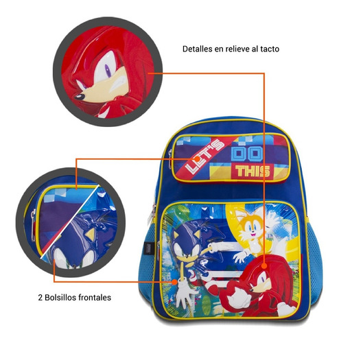 Imagen 6 de 8 de Mochila Escolar Infantil Sonic Triple Compartimiento Amplia