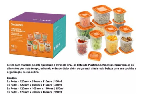 Conjunto 12 Potes Plástico Laranja - Continental