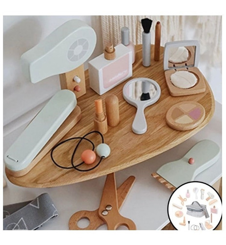 Set De Maquillaje Y Peluqueria Para Niña Juguete De Madera 