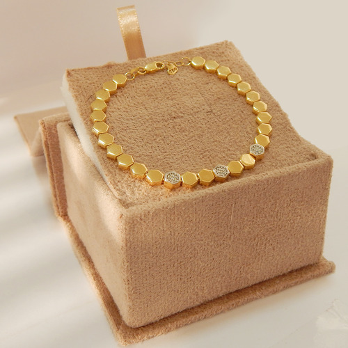Pulseira De Ouro 18k Com Diamantes 17cm Hexagonal Hexágonos
