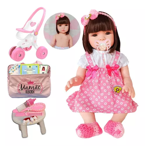 Bebê Reborn Baby Boneca Cabelos Castanhos + Enxoval Completo