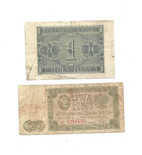 2 Billetes Polonia 1 Y 2 Zlotych Año 1941--1948