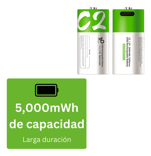 Paquete De 2 Pilas C Oxyglow Recargables Usb C 5600mwh 1.5v Carga Rápida Alta Duración Ideales Para Juguetes, Linternas (verde)