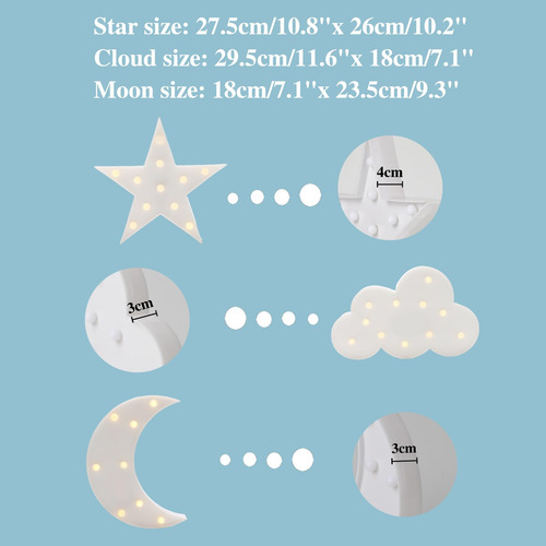 Juego De 3 Luces Nocturnas De Estrellas, Luna Y Nubes