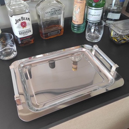 Bandeja Inox Retangular Pequena Com Alças Servir 36x25,5cm