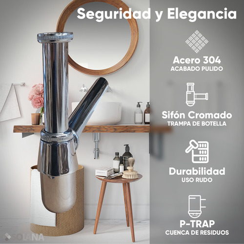 Solana Kit Ovalin De Vidrio Templado 35cm Con Contra Push De Acero Inoxidable Y Cespol Completo Níquel / Kit Completo Babel-1 Para Baño Hogar / Hoteles / Oficinas