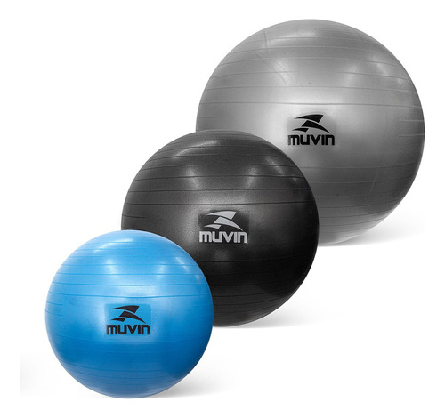 Kit Com 3 Bolas De Pilates 55cm, 65cm E 75cm - Antiestouro Suporta Até 300kg Com Bomba Ginástica Fitness Pilates Yoga Fisioterapia Fortalecimento Tonificação Cor Azul/preto/cinza