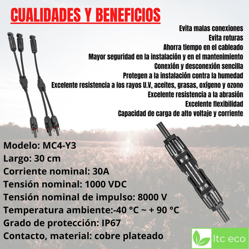 Imagen 3 de 9 de Par Conectores Mc4 Divisor Y 1 A 2 Macho Hembra Mc4-y2 Solar