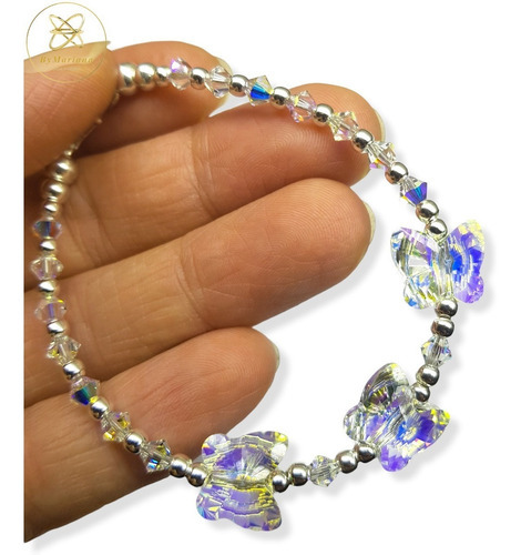 Imagen 2 de 6 de Pulsera Plata Con 3 Mariposas Cristal Swa Aurora Boreal