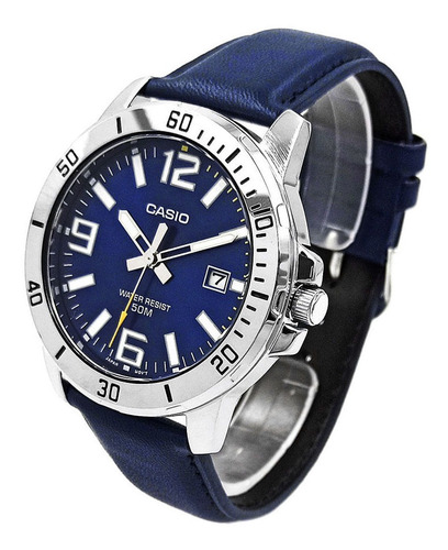 Relógio Casio Masculino Prata Couro Azul Mtp-vd01l-2bvudf