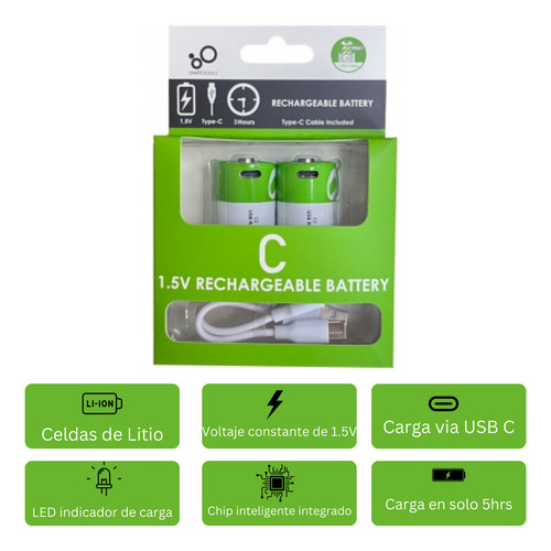 Paquete De 2 Pilas C Oxyglow Recargables Usb C 5600mwh 1.5v Carga Rápida Alta Duración Ideales Para Juguetes, Linternas (verde)