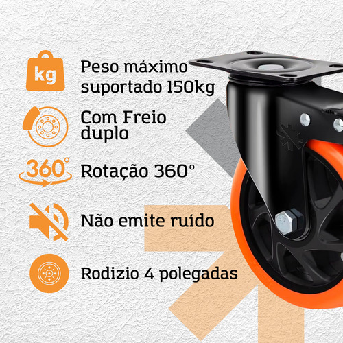 Kit 4 Rodas Rodinhas Rodízio Reforçada 100mm 4 Polegadas Giratória Com Trava - Líder Rodízios