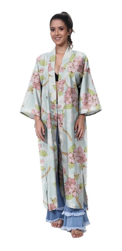 Kimono Haori Longo Floral Sakura Japão Rosas Gold Hype 