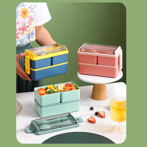 Bento Box De Dos Capas, Color Verde, Con Separador, De Plást