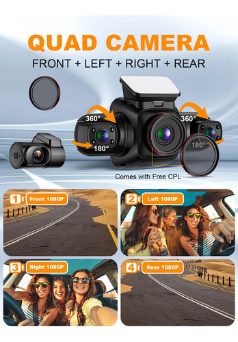 Dash Cam Pruveeo Con Vista De 360 Grados, 4 Canales Frontale