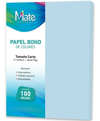 Mate | Papel Bond 75 G | Colores | 100 Hojas