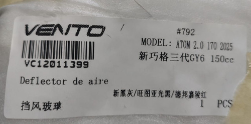 Deflector Parabrisas D Aire Vento Atom 2.0 170 2025 Original Negro