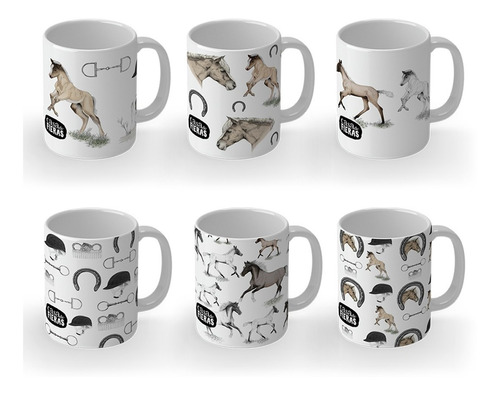 Set Ecuestre X 6 Mugs Caballos Ilustrados