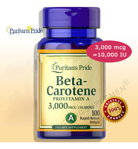 Vitamina A Beta Carotene 3.000 MCG (10.000iU)Puritan's Pride 100 Softgels Imp Eua