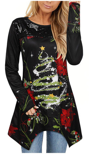 Blusa De Manga Larga Con Estampado Navideño Para Mujer