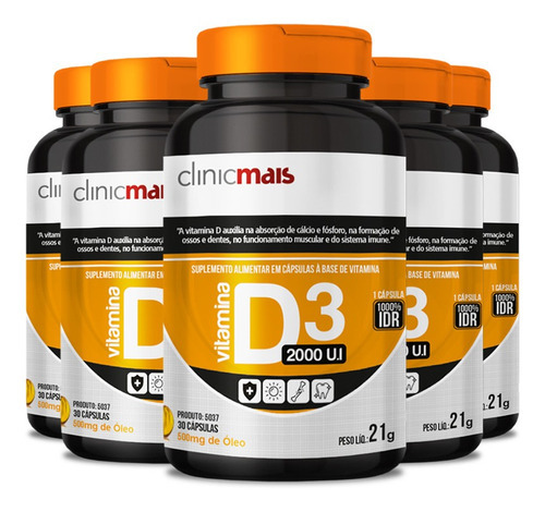 Kit 5 de vitamina D3 2000 U.i, 500 mg, Clinicmais, con 30 cápsulas sin sabor