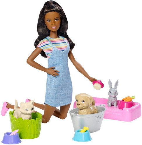 Boneca Barbie Banho De Cachorrinhos Negra - Importada Mattel