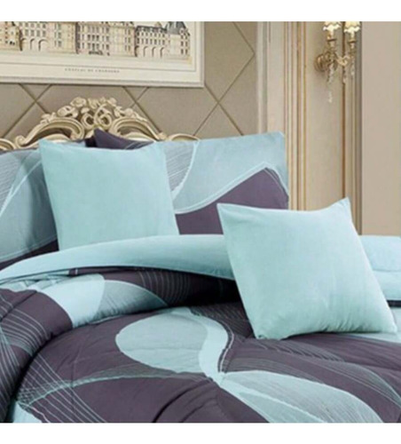 Juego 11 Pz Edredon Individual Reversible Cortinas Y Fundas Turquesa