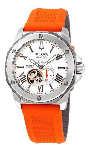 Relógio de pulso Bulova 98A22 com corria de silicone cor laranja - fondo branco - bisel prata