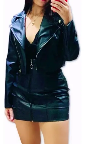 Conjunto Jaqueta Saia Feminina Couro Moda Outono Inverno Frete