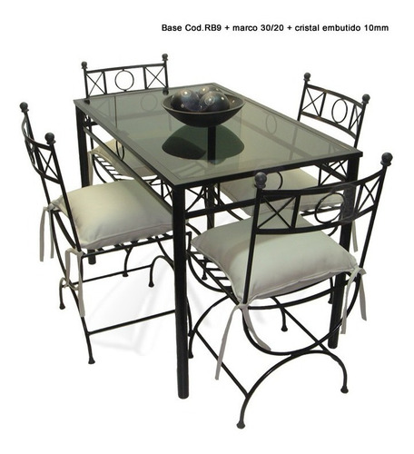 Imagen 2 de 4 de Mesa 110x70 + 4 Sillas De Hierro + Almohadones + Cristal Ja6