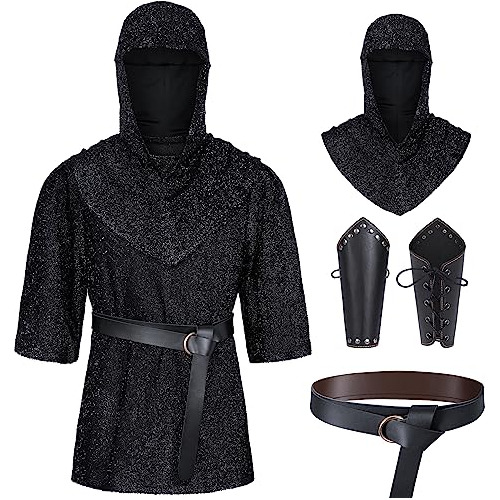 Black Irtysh Renacimiento Cadena De Imitación Armadura Túnica Camisa Coif Caballero Medieval Capucha Traje De Cruzado Brazales Conjunto De Cinturó