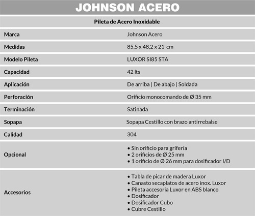 Imagen 3 de 7 de Pileta Ac.inox. Cocina Simple Si85stad Luxor L304 Johnson