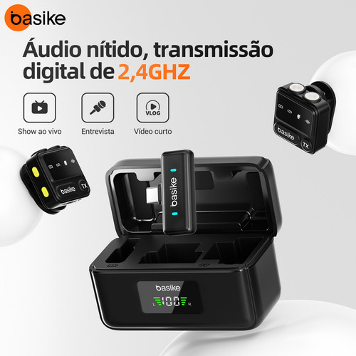 Microfone Sem Fio Basike Mini para iPhone/iPad/Android - 30m Alcance Estável, 10h Bateria com Case de Carregamento Portátil, Clip Prático para YouTube/TikTok/Gravações em Movimento