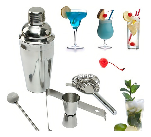 Set De Barman Coctelera 5 Piezas + Base Madera Profesional