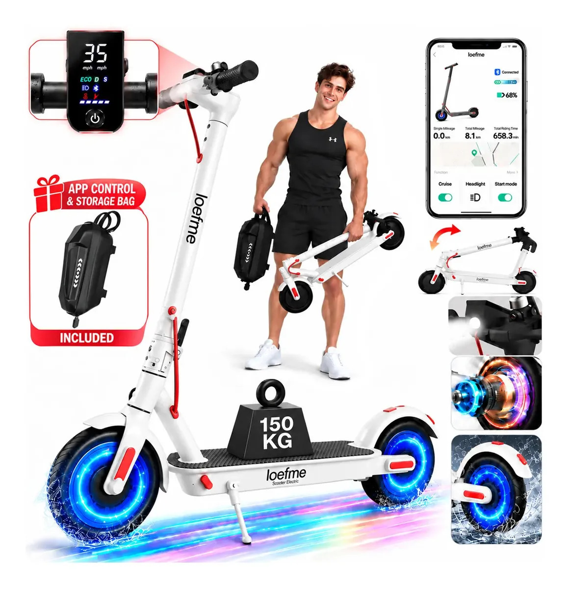 Scooter Patín eléctrico plegable para adultos Loefme, 10,4 Ah, 600 W, 35 km/h, con luz LED y Bt App, color Blanco,3 niveles de velocidad ajustable escuter electrico