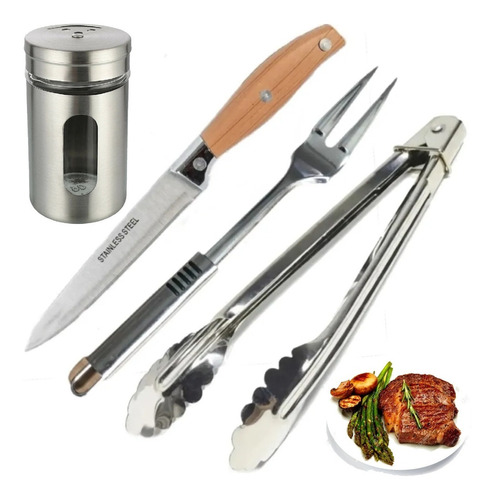 Set Asado Cuchillo + Pinza + Tenedor Asador + Condimentero A